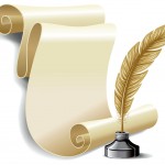 Graphic of a scroll and feather pen