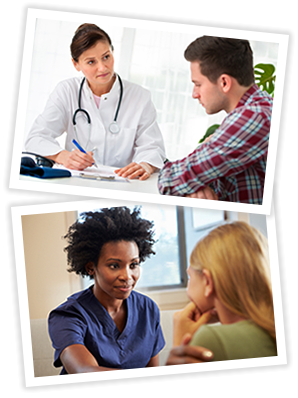 Overlaid pictures of a young man talking to a doctor and a young woman talking to an older woman