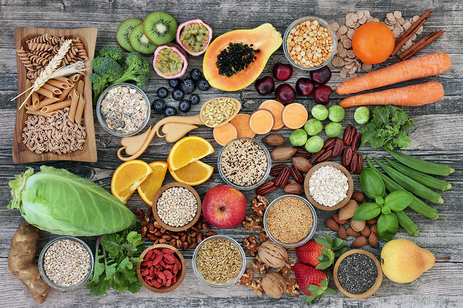 a variety of healthy fruits,vegetables,nuts,and grains.